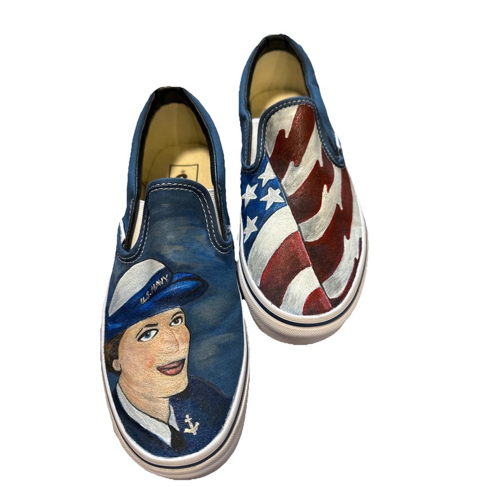 Vans Custom US Navy /Patriotic Themed Slip On Vans Shoes Women's 7.5 Men's 6 New